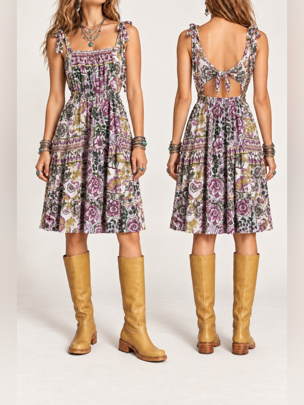 Vintage Angie Floral Tie Shoulder Open Back Dress Medium